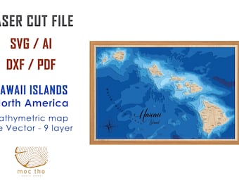 Könnte beinhalten: Eine Laser-Schnittdatei einer bathymetrischen Karte der Hawaii-Inseln. Die Karte ist blau mit braunen Umrissen der Inseln. Der Text "Hawaii Island" ist auf der Karte sichtbar. Die Datei ist in den Formaten SVG, AI, DXF und PDF verfügbar. Der Text "moc tho" ist in der linken unteren Ecke des Bildes sichtbar.