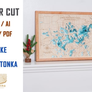 Digitaal bestand pdf, SVG - Lake Minnetonka Minnesota, bathymetrische dieptelagen SVG-bestand, gelaagde vector, lasergesneden bestand, huwelijkscadeau