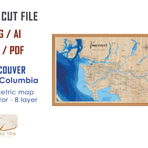 Digitaal bestand PDF, SVG - Vancouver British Columbia, Bathymetrische dieptelagen SVG-bestand, gelaagde vector, lasergesneden bestand, huwelijkscadeau