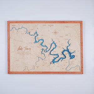 Houten kaart Lake Travis Texas 3D aangepast kaart meer, eiland en kust Bathymetrische kaart, Cabin House Wall Art, kerstcadeaus