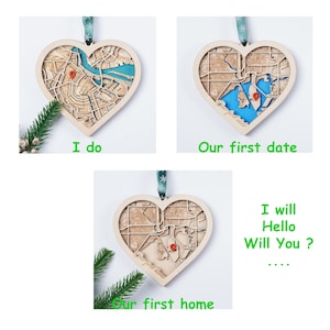 Ornement de carte coeur personnalisé ville, lac - Cadeau de la Saint-Valentin, Cadeau de mariage, Cadeau de marié, Oui, Voulez-vous, Notre première maison, cadeau d'amour, Dites oui