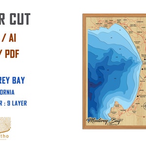 Fichier numérique PDF, SVG - carte de Monterey Bay en Californie, fichier SVG de couches de profondeur bathymétrique, vecteur de couches, fichier découpé au laser, cadeau de mariage