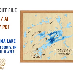 Fichier numérique PDF, SVG - Kawagama Lake Ontario carte profondeur bathymétrique couches fichier SVG, vecteur de couches, fichier découpé au laser, cadeau de mariage