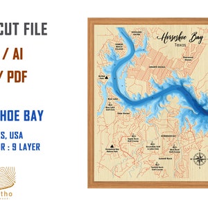 SVG - Horseshoe Bay Texas Karte Bathymetrische Tiefe Schichten SVG-Datei, Vektor, Laser geschnitten, Geschenk