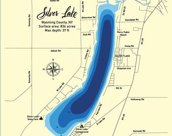 May include: A map of Silver Lake in Wyoming County, NY, with a blue lake outline and depth contours. The map includes roads, landmarks, and text indicating the lake's surface area of 836 acres and a maximum depth of 37 feet.