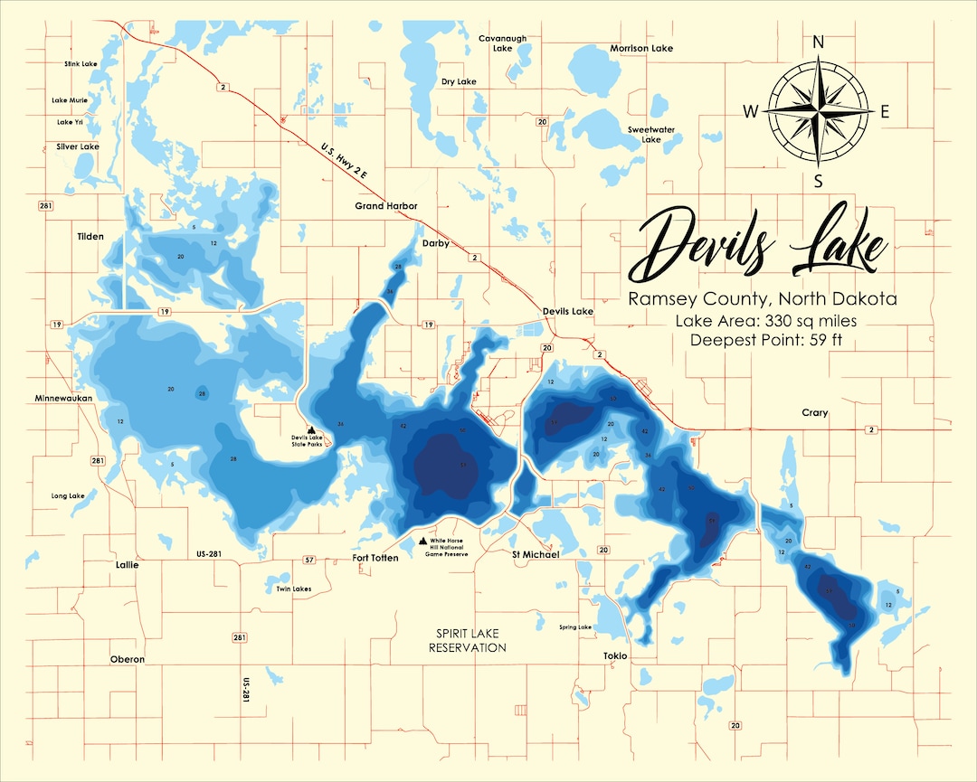 Digital File PDF, SVG Devils Lake North Dakota Indiana Bathymetric