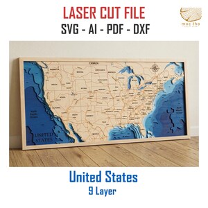 Archivo digital PDF, SVG - Estados Unidos Mapa de EE. UU. Capas de profundidad batimétrica Archivo SVG, Vector en capas, Archivo cortado con láser, regalo de boda,