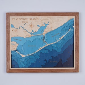 St. George Island, Florida houten kaart 3D Custom Lake, Island, Coast kaart Bathymetrische kaart, Cabin House Wall Art, kerstcadeaus