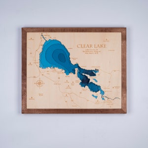 3D WOOD Clear Lake California-kaart | Bathymetrische en topografische kaart | Cabin House muurkunst, housewarming, kerstcadeaus