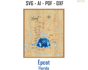 May include: A laser-cut wooden map of Epcot in Florida, featuring a detailed layout of the park's attractions and waterways. The map is framed and includes the text "Epcot Florida 9 Layer" and "LASER CUT FILE SVG - AI - PDF - DXF".