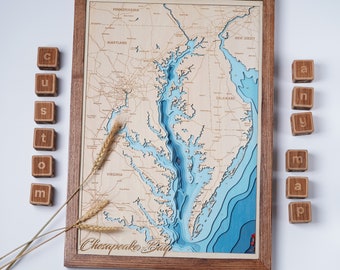 Chesapeake Bay Map Wood - Custom 3D - 7 layer map wood bathymatric map, Custom lake, river map, laser engraved wall art, housewarming gift