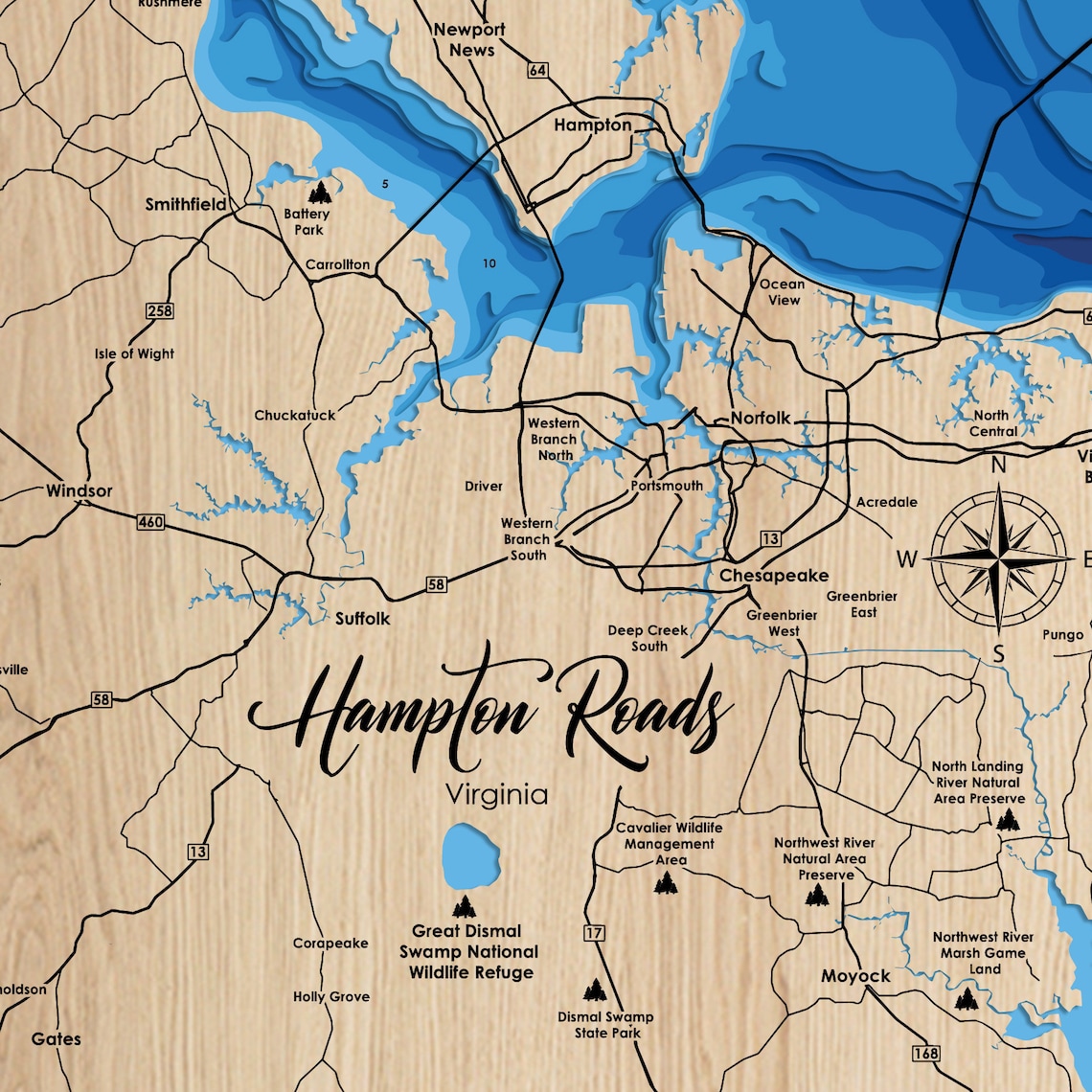 Digital File PDF, SVG - Hampton Roads Virginia, Bathymetric Depth ...