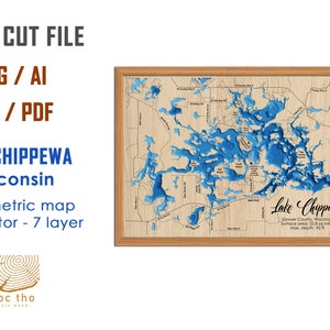 Digitale Datei - PDF, SVG - Lake Chippewa Wisconsin, Bathymetrische Tiefe Schichten SVG-Datei, Layered Vektor, Laser geschnitten Datei, Hochzeitsgeschenk