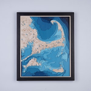 Houten kaart Cape Cod Bay Massachusetts 3D Custom Lake, Island, Coast kaart Bathymetrische kaart, Cabin House Wall Art, kerstcadeaus