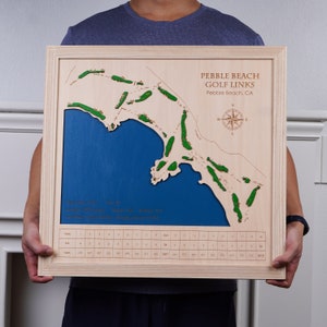 Pebble Beach Golf Links - Mappa personalizzata del campo da golf, arte del campo da golf incisa in legno, arte della parete, regalo per la festa del papà
