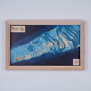 Houten kaart Florida Keys 3D Custom Lake, Island, Coast kaart bathymetrische kaart, Cabin House Wall Art, kerstcadeaus