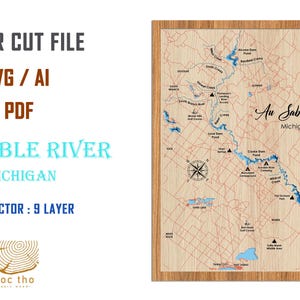 Archivo digital PDF, SVG - Mapa del río Au Sable, Archivo SVG de capas de profundidad batimétrica, Vector en capas, Archivo cortado por láser, regalo de boda