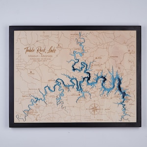 Houten kaart Table Rock Lake Missouri 3D Custom kaart Lake, Island, Coast Bathymetrische kaart, Cabin House Wall Art, kerstcadeaus
