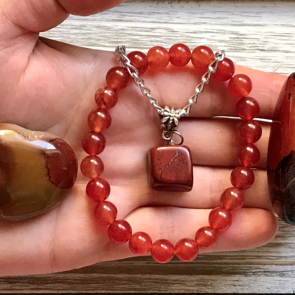 Sacral Chakra Gemstone Set, Carnelian Bracelet, Ocean Jasper Heart, Agate Palm Stone