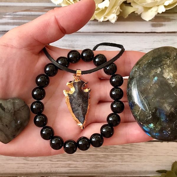 Labradorite Jewelry Set, Jasper Arrowhead Necklace, Obsidian Bracelet