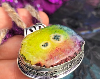 Rainbow Solar Quartz Pendant Necklace, Crochet Cord, Healing Crystal
