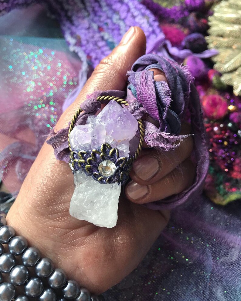 Crystals /& Spirit Quartz Necklace Gemstone Pendant Bronze Aura Boho Reiki Hippie Pendant Fairytale Magic Health Pendant Art Purple Amethyst
