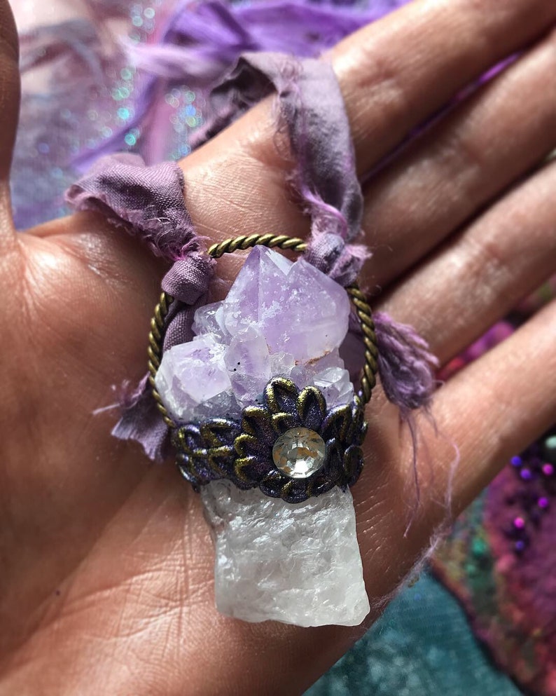 Crystals /& Spirit Quartz Necklace Gemstone Pendant Bronze Aura Boho Reiki Hippie Pendant Fairytale Magic Health Pendant Art Purple Amethyst