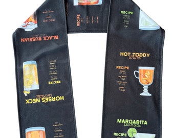 Drink Recipes Scarf, 100% Fleece Unisex Scarf with Real Cocktail Drink Recipes. Perfect Gift For Cocktail Drink Lovers.