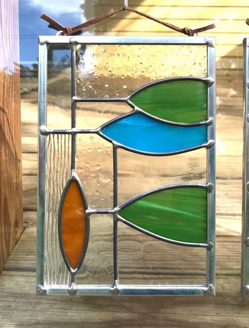 Midcentury Modern Design Stained Glass Fauxtransom Triptych Etsy