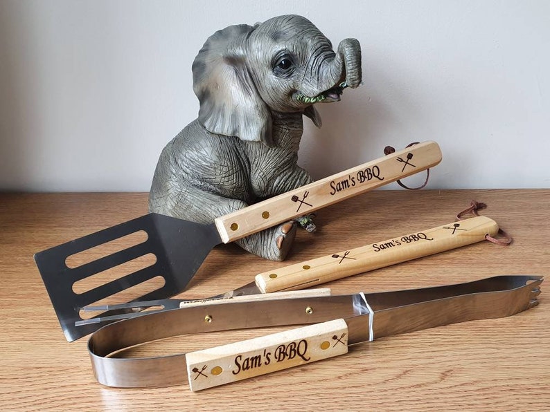 Personalised engraved wooden bbq set Flipper tongs fork Etsy
