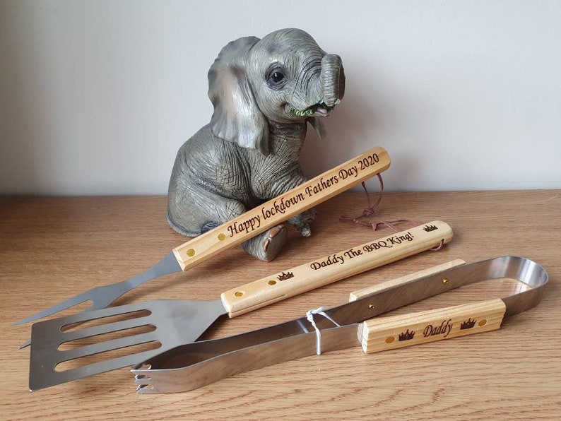 Personalised engraved wooden bbq set Flipper tongs fork Etsy