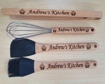 Personalised engraved kitchen utensil Set, wooden kitchen utensils, whisk, spatula, marinator, tongs, baking, cooking, budding chef, unique