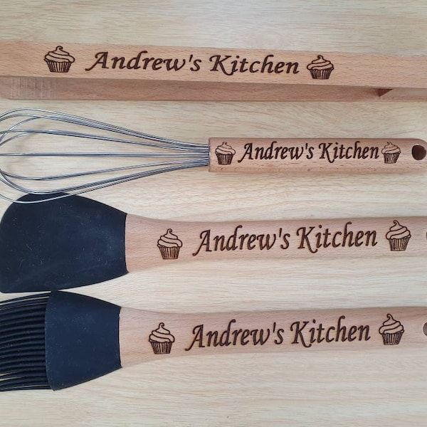 Personalised engraved kitchen utensil Set, wooden kitchen utensils, whisk, spatula, marinator, tongs, baking, cooking, budding chef, unique