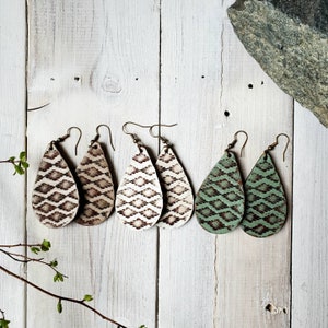 Bohemian Leather Teardrop Earrings: Aztec Diamond Pattern, Essential Oil Diffuser