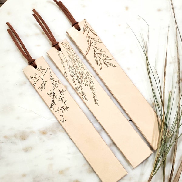 Leather Bookmark, Wildflower, Olive Branch, Willow Tree, Customize