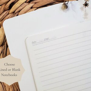 Puede incluir: Un cuaderno blanco con p&aacute;ginas rayadas. El cuaderno tiene una secci&oacute;n para la fecha y el n&uacute;mero de p&aacute;gina. El texto "Choose Lined or Blank Notebooks" es visible en la imagen.