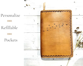 Flying Birds Leather Journal: Refillable Lined Notebook, Handmade
