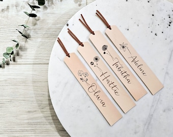 Marcapáginas de cuero personalizado: Flor de nacimiento grabada, nombre personalizado