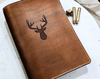 Personalized Leather Journal, A5 Notebook Cover, Customized Leather Journal, Deer Hunting Journal, Gifts for Men, Refillable Bullet Journal