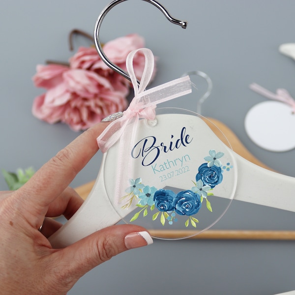 Personalised Wedding Dress Hanger Tag Blue Rose | Clothes Hanger Tags | Personalised Bridal Party Coat Hanger Tag for Bridal Party Dresses