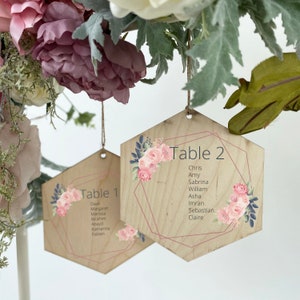 Hexagonal Wooden Wedding Table Plan: Rustic Floral Hanging Decor