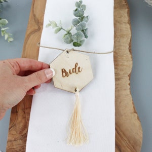 Engraved Hexagonal Wooden Wedding Place Setting with Tassel