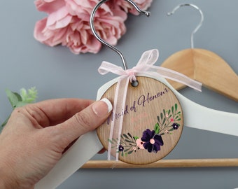 Personalised Wood Wedding Hanger Tag Purple | Clothes Hanger Tags | Personalised Bridal Party Coat Hanger Tag for Bridal Party Dresses