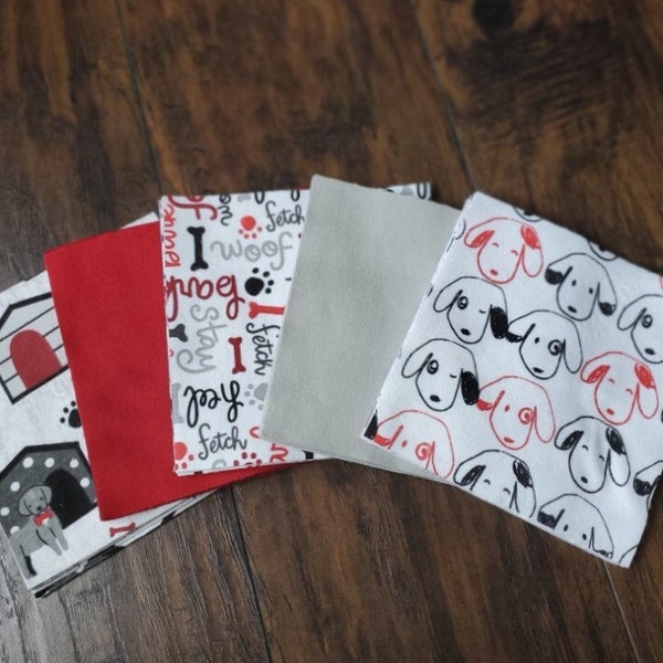 60- Precut 6.5" Squares - Super Snuggle Flannel Fabric - Bullseye Pup, Dog Words on White, Dogs in Houses, Vapor Blue, and Chili Pepper  Red