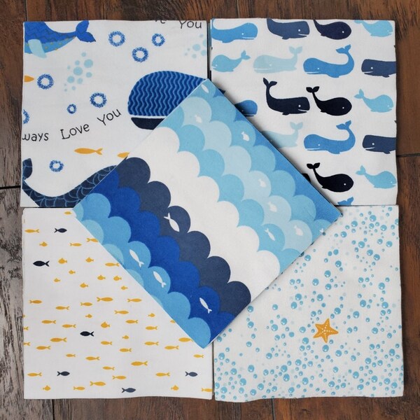 60 - 6.5" Inch Cotton Flannel Charm Pack, Precut Fabric Squares - Whale Nursery, I Whale Always Love You Quilt Kit, Nautical Quilting Kit