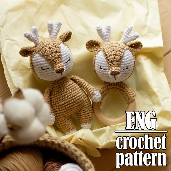 Crochet deer toy and rattle pattern, amigurumi animal pattern