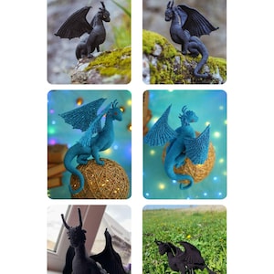 May include: A series of images featuring handcrafted dragon figurines. The dragons are depicted in shades of black and blue, and are positioned in diverse environments, including rocks, decorative spheres, and grassy landscapes. The wings are extended, and the details are finely crafted.