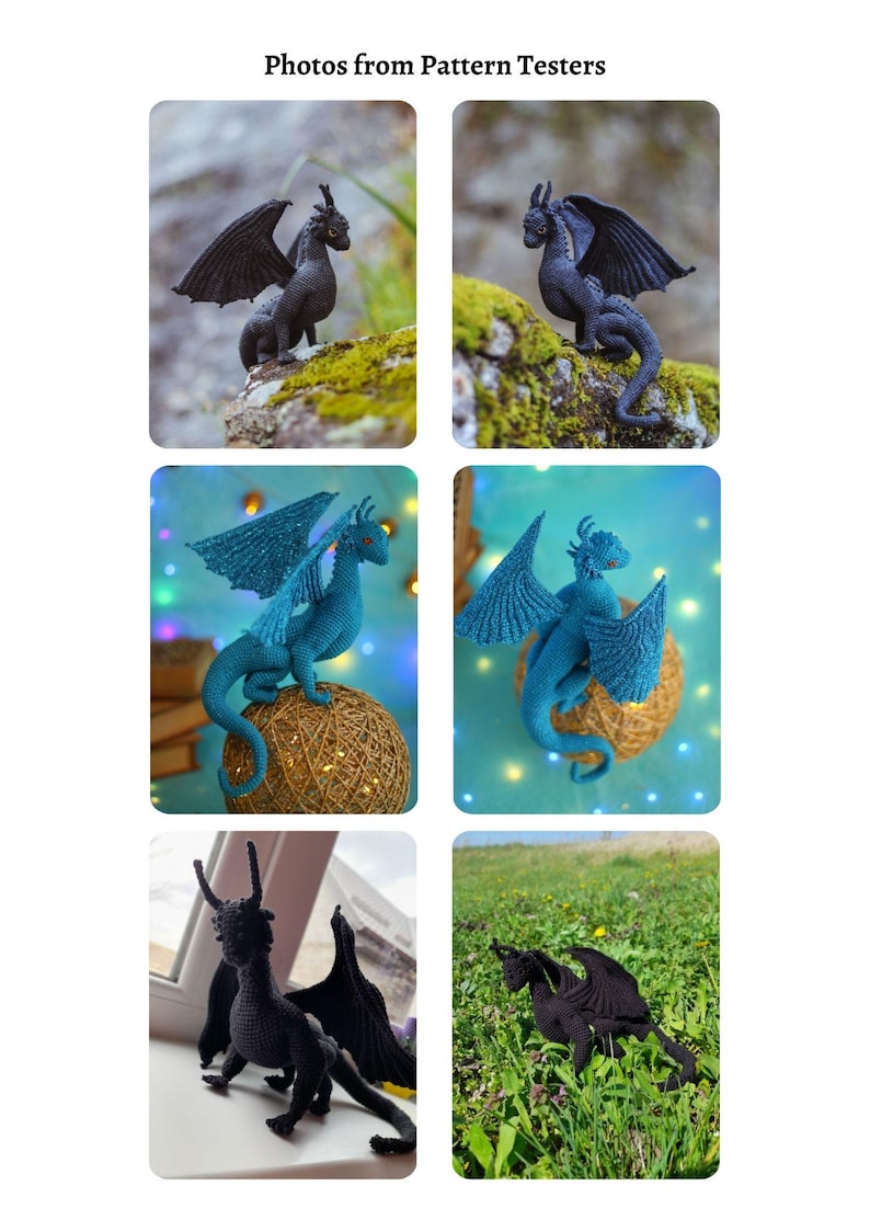 May include: A series of images featuring handcrafted dragon figurines. The dragons are depicted in shades of black and blue, and are positioned in diverse environments, including rocks, decorative spheres, and grassy landscapes. The wings are extended, and the details are finely crafted.