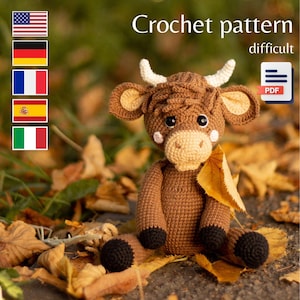 Highland cow crochet pattern, farm crochet cow amigurumi pattern (Eng, Ger, Fr, It, Es)