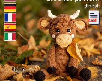 Highland cow crochet pattern, farm crochet cow amigurumi pattern (Eng, Ger, Fr, It, Es)